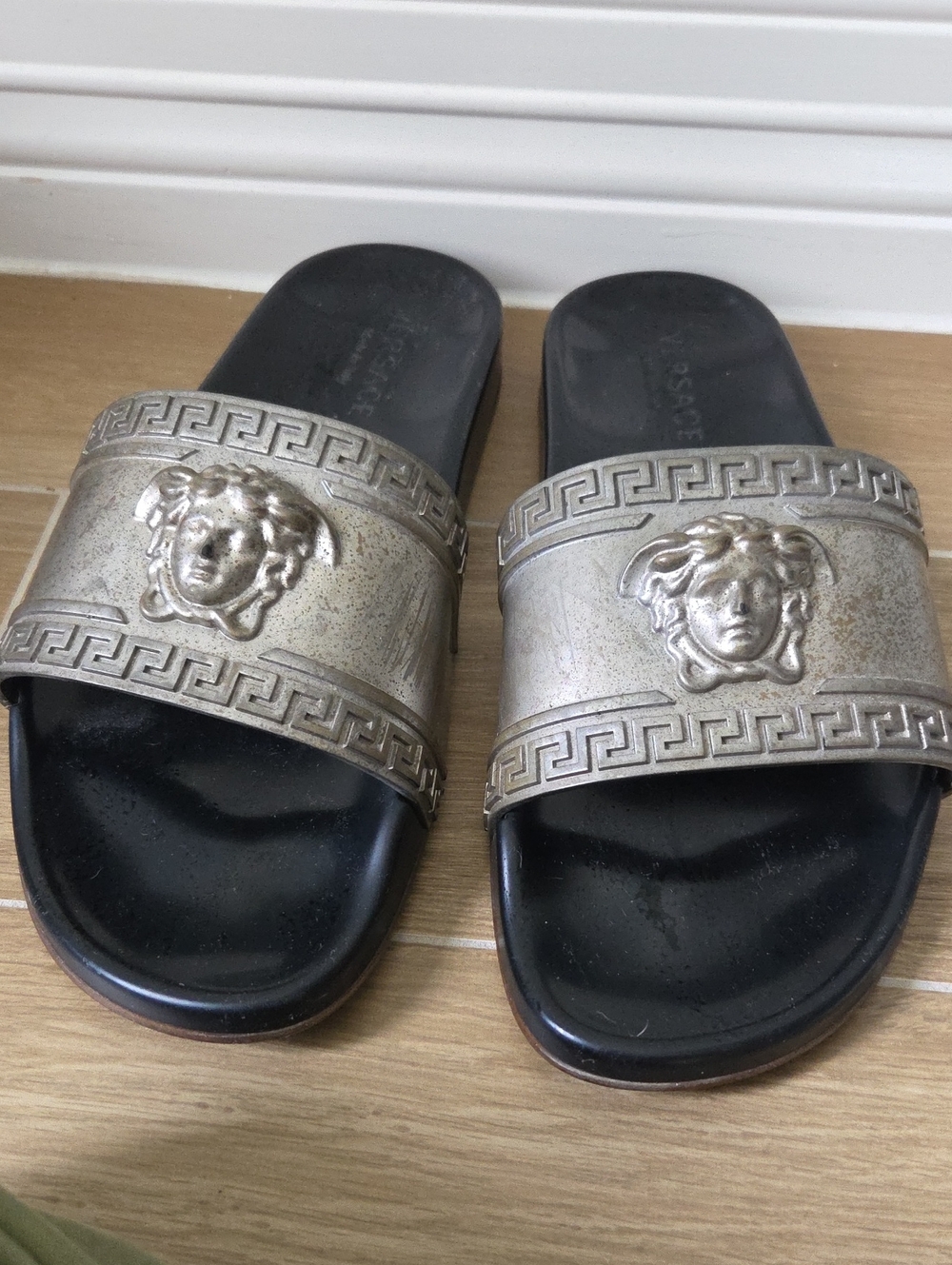 Versace Silver Medusa Slide Sandals with Black Footbed